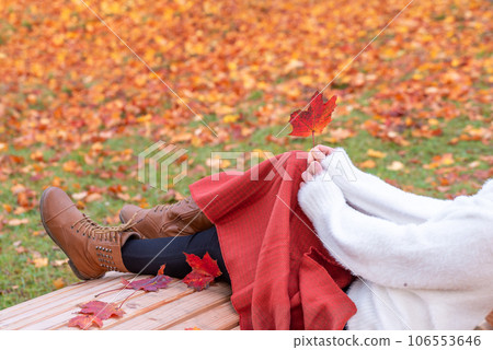 Woman sitting on wooden bench in an autumn scenery 106553646