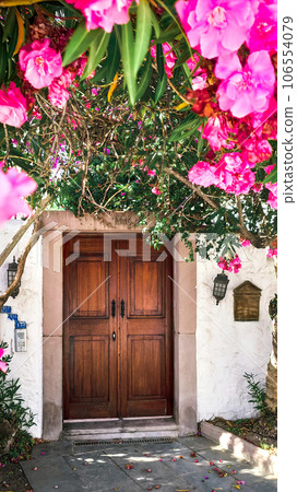 Door architecture detail in hotel building complex of apartments santorini Greece 106554079