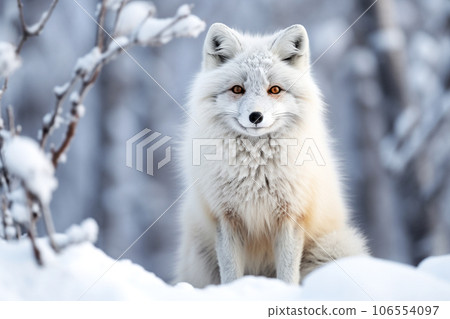 Arctic fox in a wild snowy landscape. AI generated 106554097