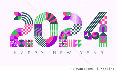 2024 modern geometric lettering New Year card. Memphis style typeface. 106554173
