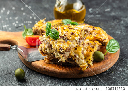 homemade snail pie with meat. Food recipe background. Close up 106554210