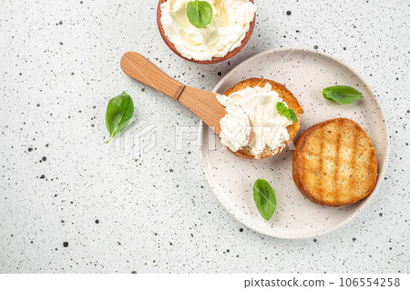Sandwiches with philadelphia cream cheese on a light background. banner, menu, recipe place for text, top view 106554258