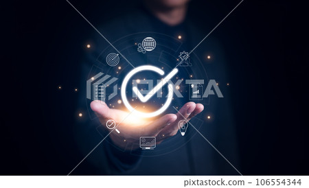 Standards quality control certification business technology concept. Businessman hand shows the sign of the top service Quality assurance, Guarantee, Service experience, ISO standardization, 106554344