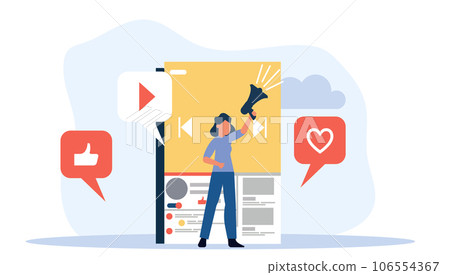 Woman blogger vector illustration communication internet. Online blog on smartphone concept social mobile network. Review like video content live streaming user. Phone vlog stream discussion speech Woman blogger vector illustration communication internet. Online blog on smartphone concept social mobile network. Review like video content live streaming user. Phone vlog stream discussion speech 106554367