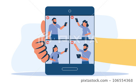 Group video call vector communication conference business screen technology. Office team chat meeting illustration network. Digital conversation remote talk. Virtual speak service teleconference Group video call vector communication conference business screen technology. Office team chat meeting illustration network. Digital conversation remote talk. Virtual speak service teleconference 106554368