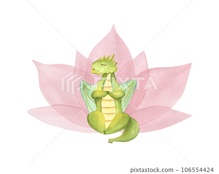 Green Dragon sitting in lotus pose. Cartoon style. Animal practicing fitness exercises. Watercolor illustration isolated on white background. Hand drawn clip art for design 106554424