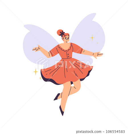 Beautiful Woman Fairy with Wings in Red Dress Fluttering Around Vector Illustration 106554583