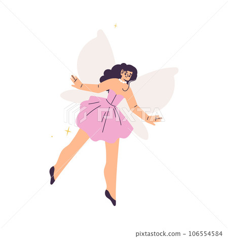 Beautiful Woman Fairy with Wings in Pink Dress Fluttering Around Vector Illustration 106554584