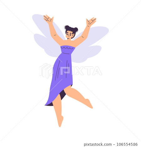 Beautiful Woman Fairy with Wings in Purple Dress Fluttering Around Vector Illustration 106554586