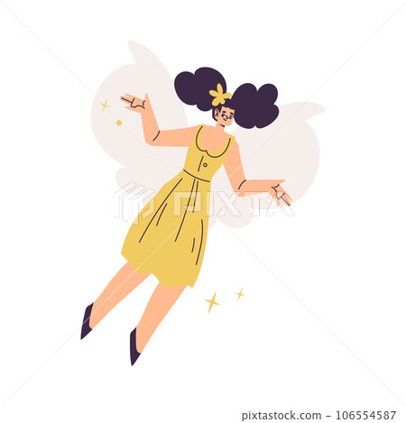 Beautiful Woman Fairy with Wings in Yellow Dress Fluttering Around Vector Illustration 106554587