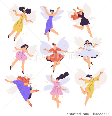 Beautiful Woman Fairy with Wings Fluttering Around Vector Set Beautiful Woman Fairy with Wings Fluttering Around Vector Set 106554588