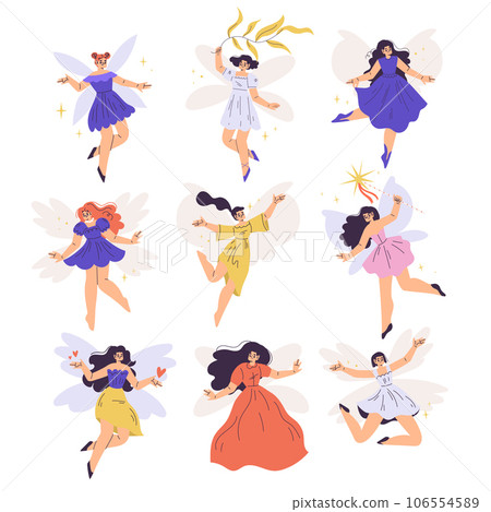 Beautiful Woman Fairy with Wings Fluttering Around Vector Set 106554589