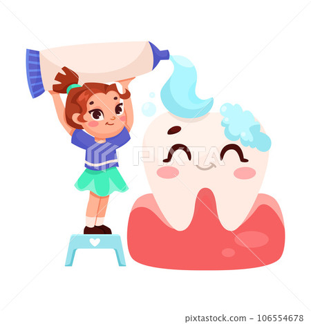 Dental Care with Little Girl Cleaning Big Tooth with Toothpaste Vector Illustration Dental Care with Little Girl Cleaning Big Tooth with Toothpaste Vector Illustration 106554678