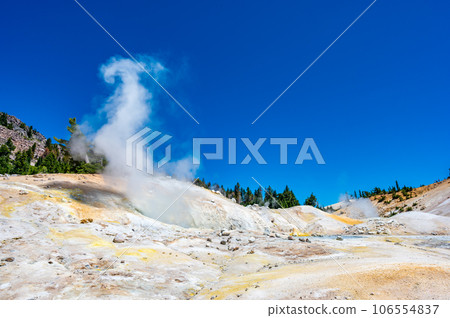 Steam vapor cloud rising from an open pool at Bumpass Hell hydrothermal area at Lassen Volcanic National Park, California, USA Steam vapor cloud rising from an open pool at Bumpass Hell hydrothermal area at Lassen Volcanic National Park, California, USA 106554837