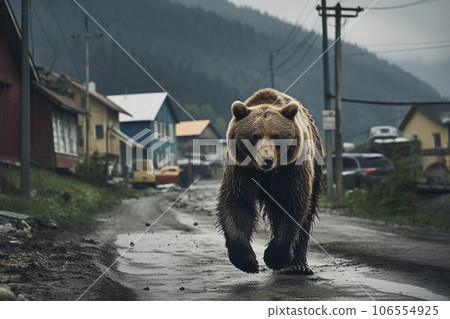 Brown bear strolling along residential street in urban area. Created with Generative AI technology. 106554925