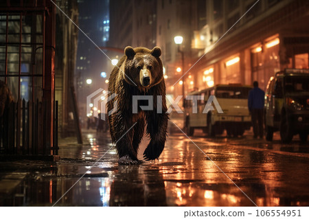 Brown bear strolling along city street in urban area. Created with Generative AI technology. 106554951