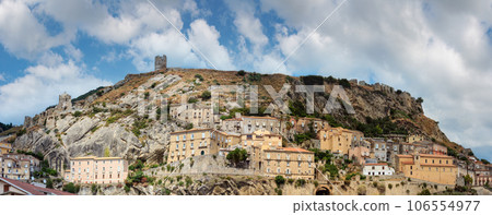 Old medieval Amantea town fortifications and Rocca Castle ruins on rocky hill top, province of Cosenza, Calabria, Italy. 106554977