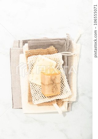 Top view photo of eco friendly personal care products on grey background Top view photo of eco friendly personal care products on grey background 106555071