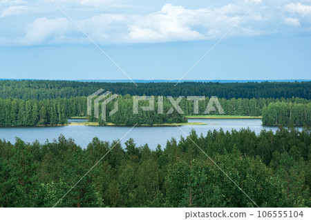 natural landscape with forest and lakes, aerial view natural landscape with forest and lakes, aerial view 106555104