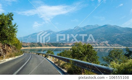 Debar lake summer countryside landscape with mountains background. North Macedonia not far from Debar Town, Europe. 106555108