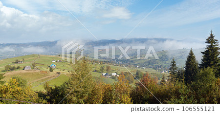 Beautiful autumn morning near Carpathian village outskirts (Carpathian mountain, Ukraine). 106555121