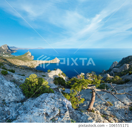 Coastline of  Novyj Svit  reserve summer view (Crimea, Ukraine, Capchik Cape in center). 106555171
