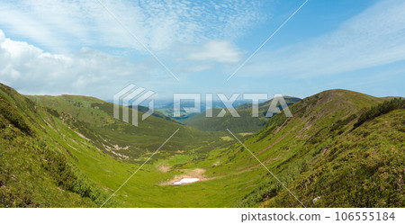 Summer mountain meadow panorama view with juniper forest and snow remains on ridge in distance. Summer mountain meadow panorama view with juniper forest and snow remains on ridge in distance. 106555184