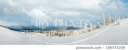 Morning winter calm mountain panorama with sheds group and mount ridge behind (Carpathian Mountains, Ukraine). 106555209