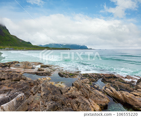 Ramberg beach summer cloudy view (Norway, Lofoten). Ramberg beach summer cloudy view (Norway, Lofoten). 106555220