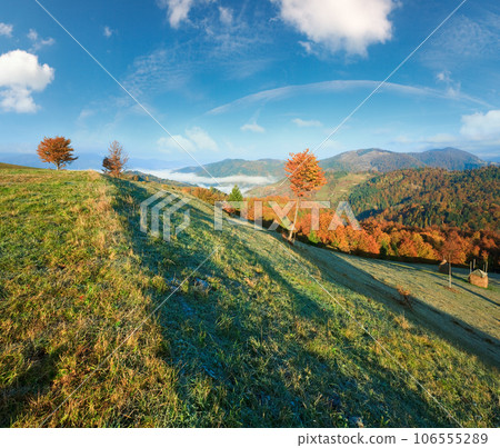 Autumn misty morning hill with stack of hay (Mighgirya village outskirts, Carpathian Mountains, Ukraine). Autumn misty morning hill with stack of hay (Mighgirya village outskirts, Carpathian Mountains, Ukraine). 106555289