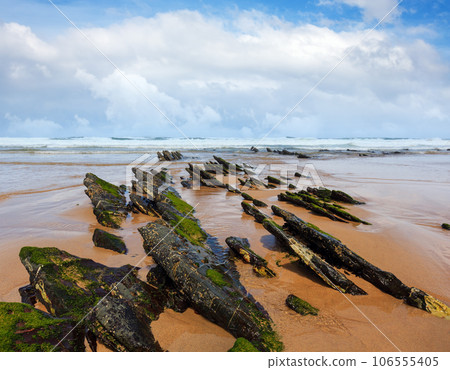 Rock formations on sandy beach (Portugal). Rock formations on sandy beach (Portugal). 106555405
