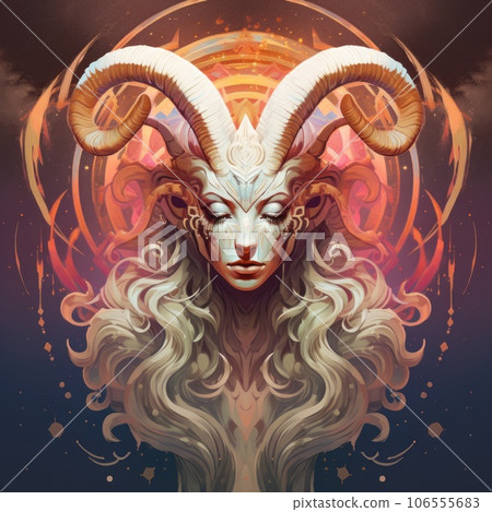 Illustration of the Aires zodiac sign as a beautiful woman with horns. Glamorous portrait of an attractive humanoid Aries girl. Fantasy portrait of a beautiful woman with ram horns, astrology. 106555683