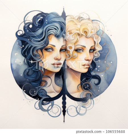 Illustration of the Gemini zodiac sign as beautiful women in the night sky. Glamorous portrait of attractive twin girls. Bright art of astrology and horoscopes. Vector Illustration. 106555688