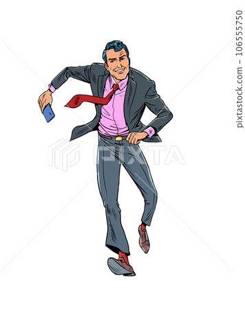 Way to success. Be online in any situation. Achievement of the goal. A man in a suit and red tie runs with a phone. Pop Art Retro Way to success. Be online in any situation. Achievement of the goal. A man in a suit and red tie runs with a phone. Pop Art Retro 106555750