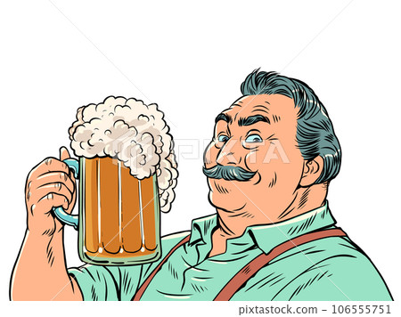 Excellent alcohol. Quality beer with lots of foam. A man with a mustache is holding a glass of beer. Pop Art Retro 106555751