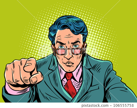 Chief choice. The customer points to the product he likes. A man in a suit and glasses points with his finger. Pop Art Retro Chief choice. The customer points to the product he likes. A man in a suit and glasses points with his finger. Pop Art Retro 106555758