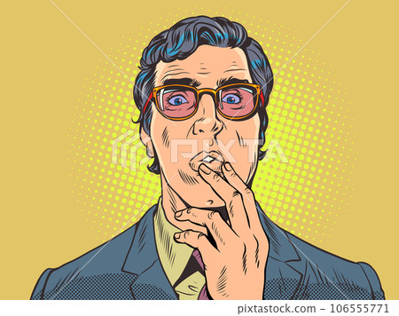 Anxiety and anxiety about the decision. An attractive guy is thoughtful and holds his hand. A man in a suit and glasses is surprised, puzzled. Pop Art Retro Anxiety and anxiety about the decision. An attractive guy is thoughtful and holds his hand. A man in a suit and glasses is surprised, puzzled. Pop Art Retro 106555771
