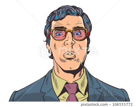Anxiety and anxiety about the decision. Attractive guy is scared. A man in a suit and glasses is surprised, puzzled. Pop Art Retro 106555772