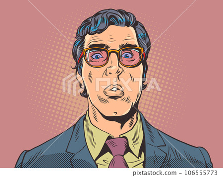Anxiety and anxiety about the decision. Attractive guy is scared. A man in a suit and glasses is surprised, puzzled. Pop Art Retro Anxiety and anxiety about the decision. Attractive guy is scared. A man in a suit and glasses is surprised, puzzled. Pop Art Retro 106555773