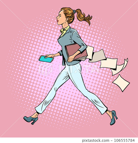 Morning work routine of an office worker. A girl in a suit is in a hurry to go to work or a meeting, and she has papers from documents lying around. Pop Art Retro 106555784