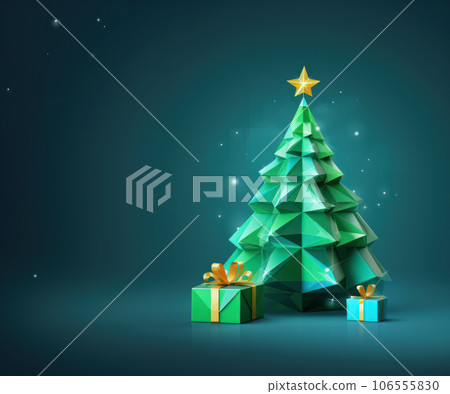 Creative polygonal Christmas tree with gifts on green background and copy space. Generative AI 106555830