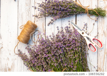 Fresh lavender and twine and scissors on a white wooden table. View Fresh lavender and twine and scissors on a white wooden table. View 106556282