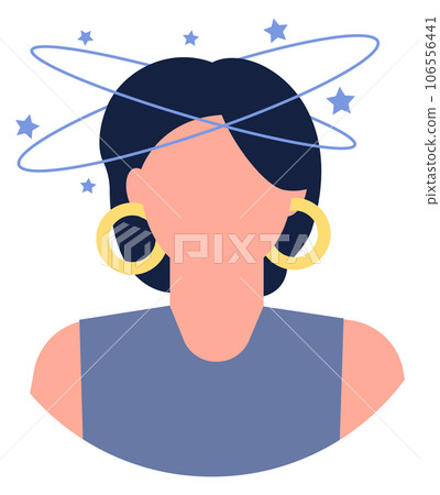 Vertigo icon. Woman with head dizziness. Migraine symptom Vertigo icon. Woman with head dizziness. Migraine symptom 106556441