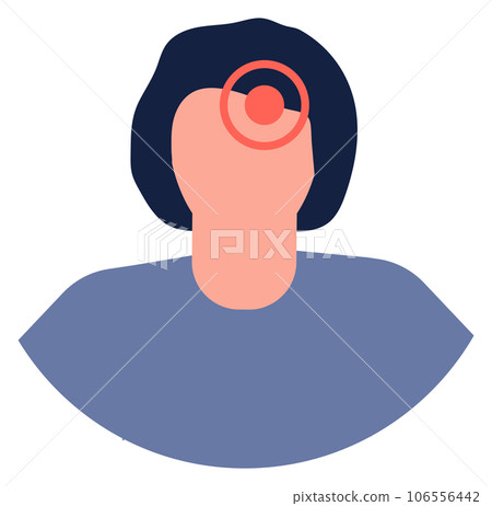 Migraine icon. Woman figure with red pain mark Migraine icon. Woman figure with red pain mark 106556442