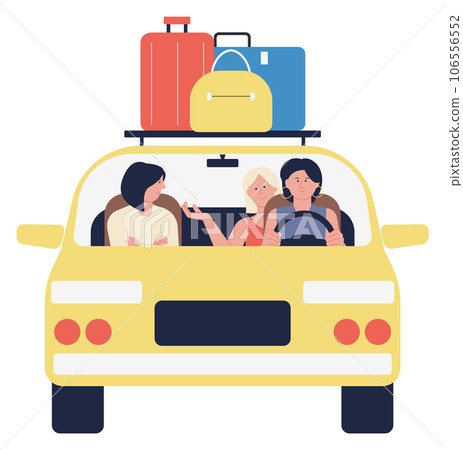 Women travel on car front view. Friends trip Women travel on car front view. Friends trip 106556552