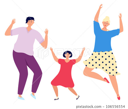 Happy people dancing. Joyful women and kid celebrating 106556554
