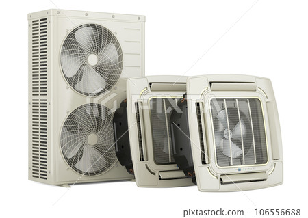 Ceiling Cassette Units with Outdoor Compressor Multi-Zone Unit. Air conditioner system. 3D rendering Ceiling Cassette Units with Outdoor Compressor Multi-Zone Unit. Air conditioner system. 3D rendering 106556688