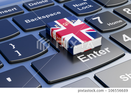 English language textbook on laptop keyboard. Online courses of English language, 3D rendering English language textbook on laptop keyboard. Online courses of English language, 3D rendering 106556689