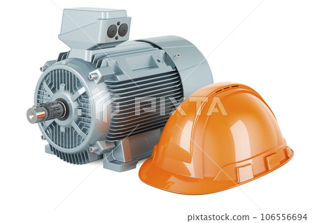 Electric motor with orange hard hat, 3D rendering 106556694