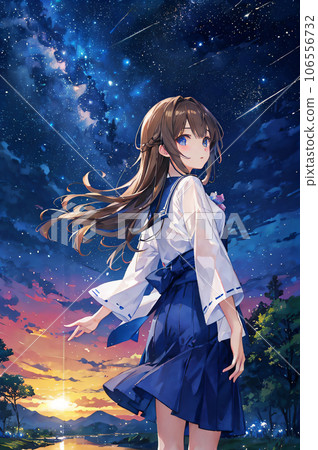 Rear view of a young woman looking back at herself with the Milky Way in the background "AI generated image" Rear view of a young woman looking back at herself with the Milky Way in the background "AI generated image" 106556732